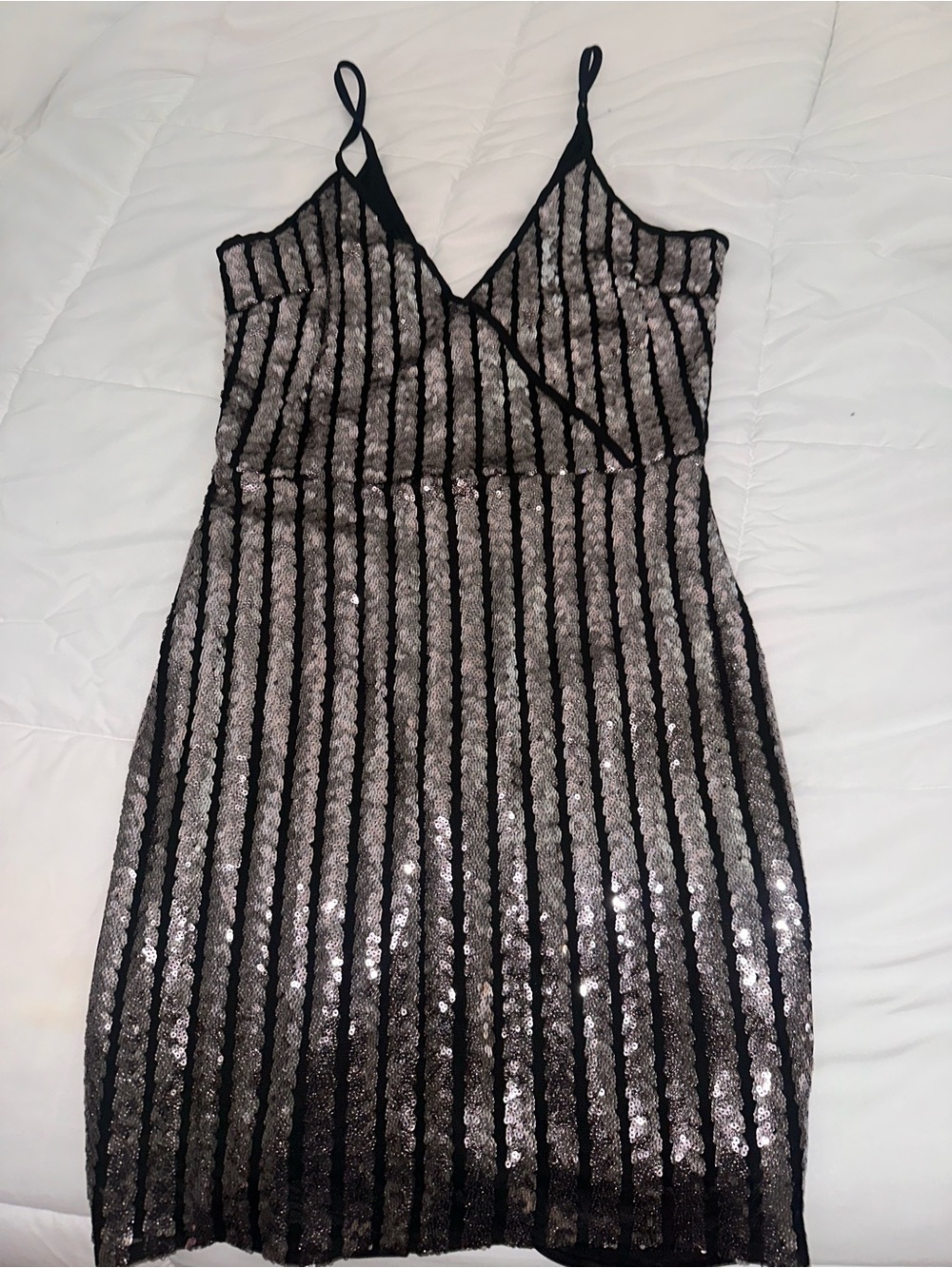 Parisian Works Black and Silver Sequin Striped Slip Dress